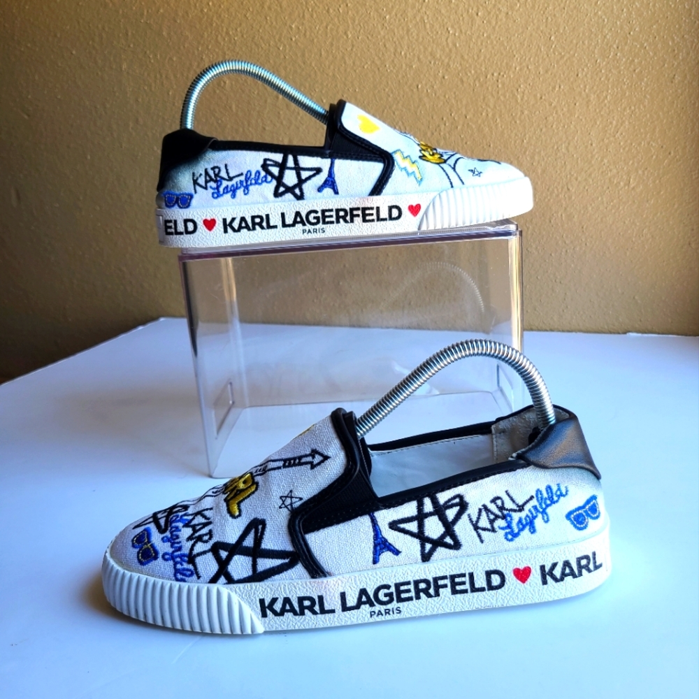 Limited Karl Lagerfeld Paris Jazlyn Slip on White Sneaker Embroidered Size 7.5M
